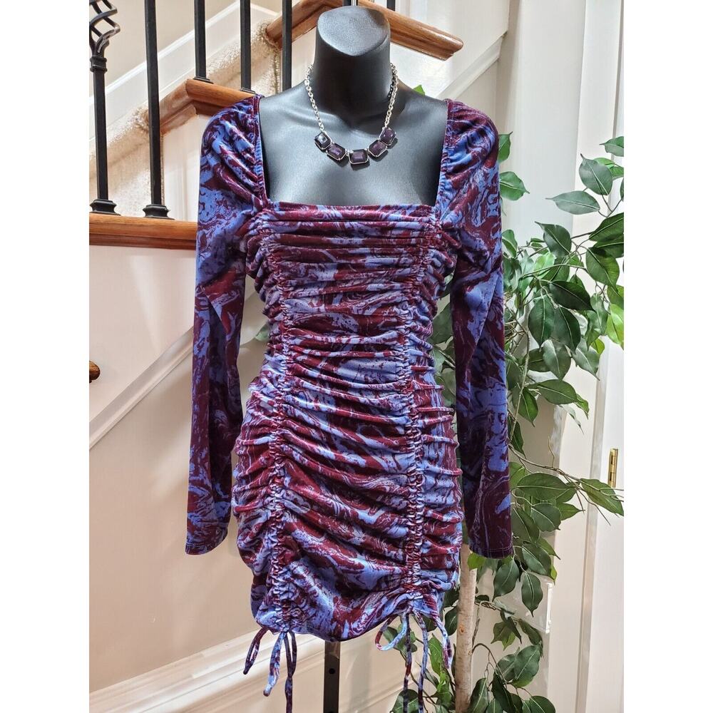 Wild Fable Purple Blue Velvet Ruched Square Neck Long Sleeve Short Dress Large